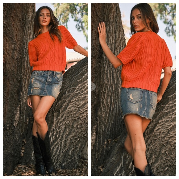 36 Boho Puff Short Sleeve Cable Sweater Top - Picture 2 of 4